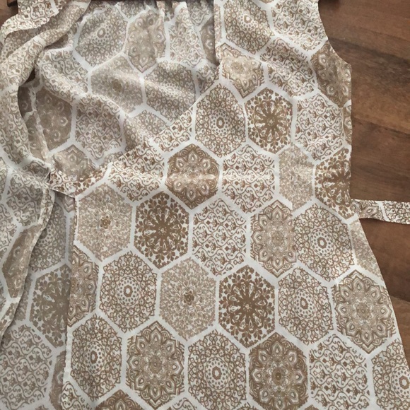Tan/ Creme pattered, sleeveless, long wrap blouse, Zero, Eur36/US6, - Picture 6 of 10